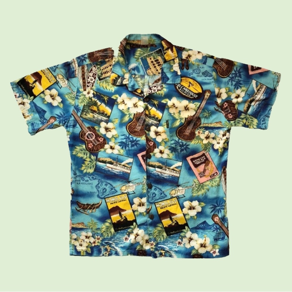 Vintage Palmwave Ukulele AOP Hawaiian Short Sleeve Button Down Unisex Medium